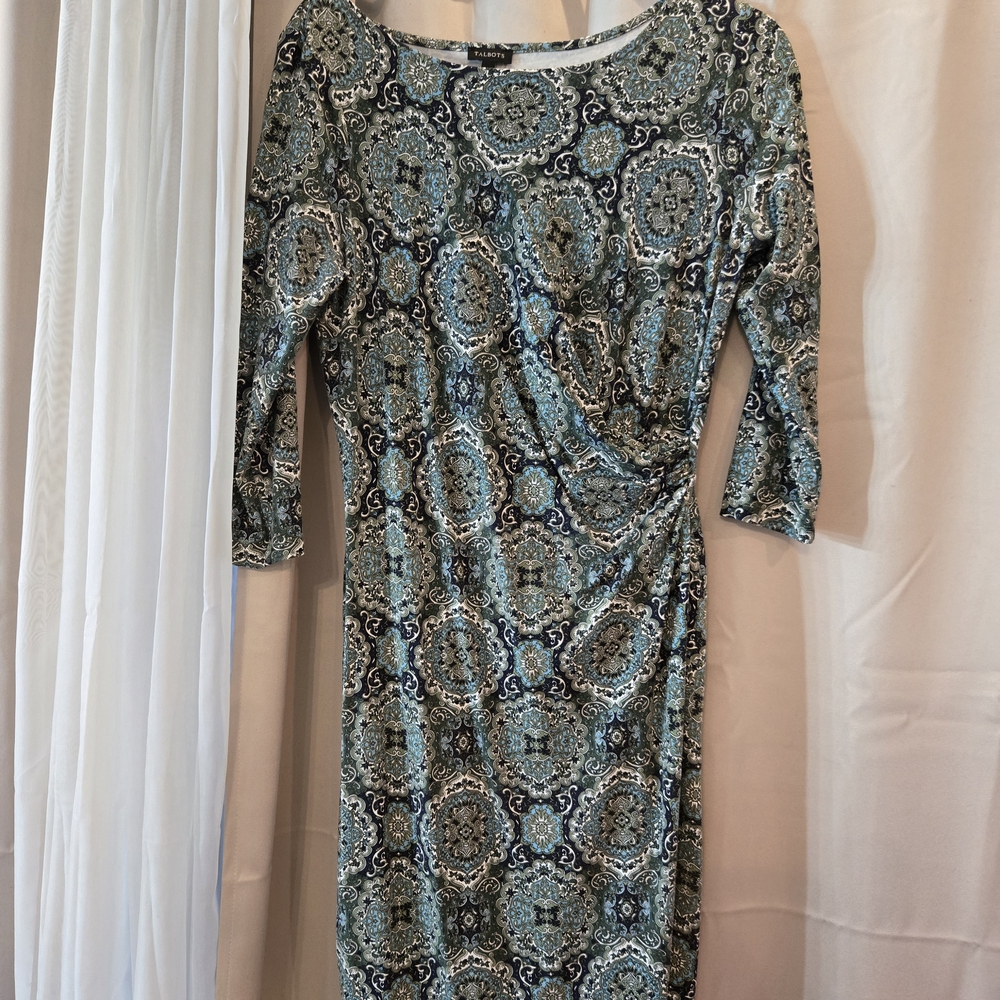 Talbots Teal And Black Patterned Long Sleeve Dress - image 1